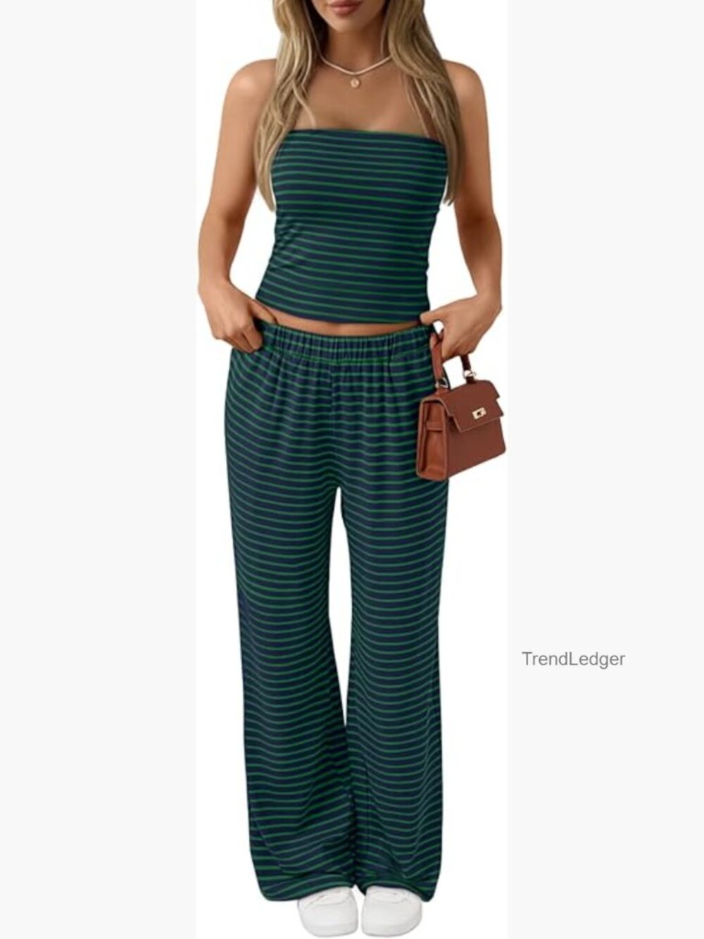 Two Piece Lounge Set - Striped Tube Top & Wide Leg Pants